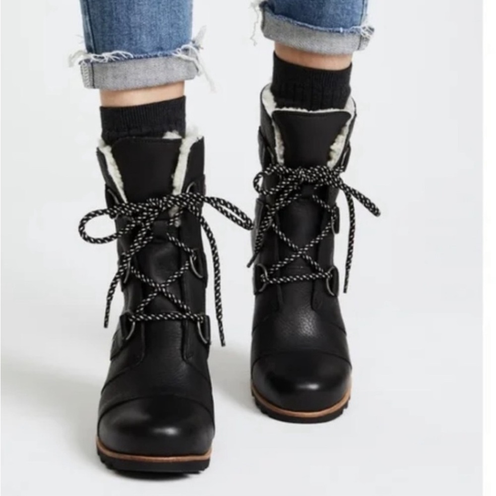 Sorel Black Joan of Arctic Wedge Real Shearling Trim Leather Mid Style Boots sz8